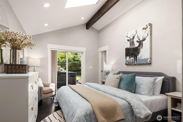 1321 Kossuth Ave, Everett, WA 98203 - bedroom featuring access to outside, dark wood-style flooring, beamed ceiling, recessed lighting, and high vaulted ceiling
