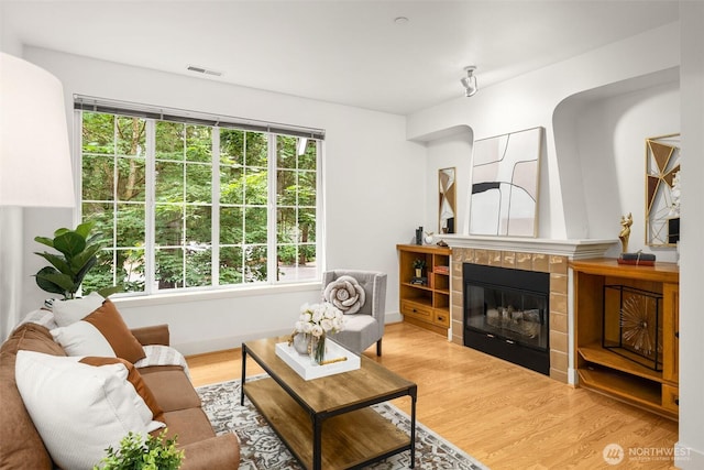 18223 NE 95th Way Unit 102, Redmond, WA 98052 - living area with wood finished floors and a tiled fireplace