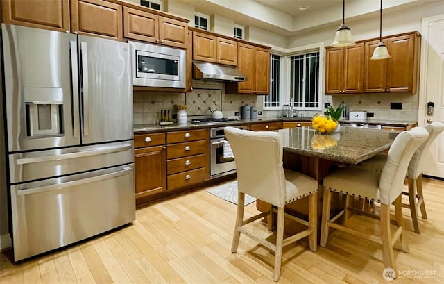 6802 156th Pl NE, Redmond, WA 98052 - kitchen with appliances with stainless steel finishes, under cabinet range hood, brown cabinets, a breakfast bar area, and light wood finished floors