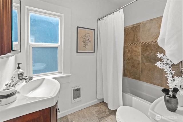 820 S Ferry St, Tacoma, WA 98405 - bathroom featuring vanity, shower / bathtub combination with curtain, and heating unit
