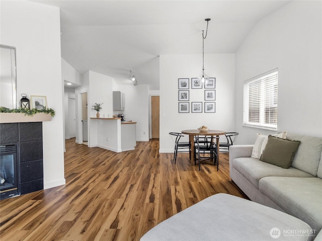 839 Avalon Ct SE, Olympia, WA 98513 - living area with vaulted ceiling, wood finished floors, and a fireplace