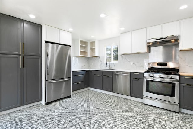 19410 10th Ave S, Des Moines, WA 98148 - kitchen featuring stainless steel appliances, open shelves, under cabinet range hood, light countertops, and white cabinetry