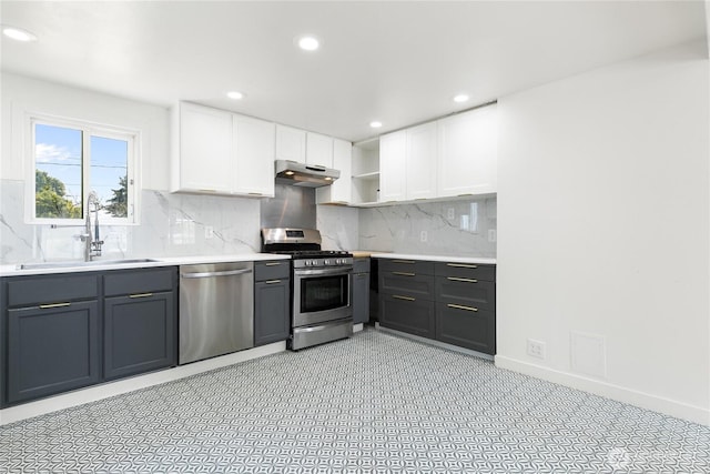19410 10th Ave S, Des Moines, WA 98148 - kitchen featuring stainless steel appliances, under cabinet range hood, open shelves, white cabinets, and recessed lighting