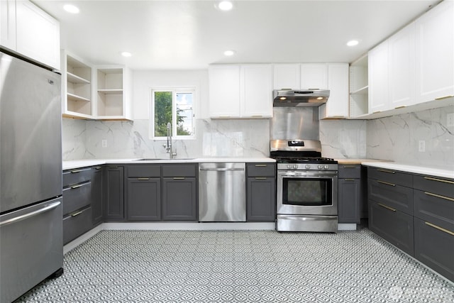 19410 10th Ave S, Des Moines, WA 98148 - kitchen with appliances with stainless steel finishes, open shelves, under cabinet range hood, gray cabinetry, and white cabinetry