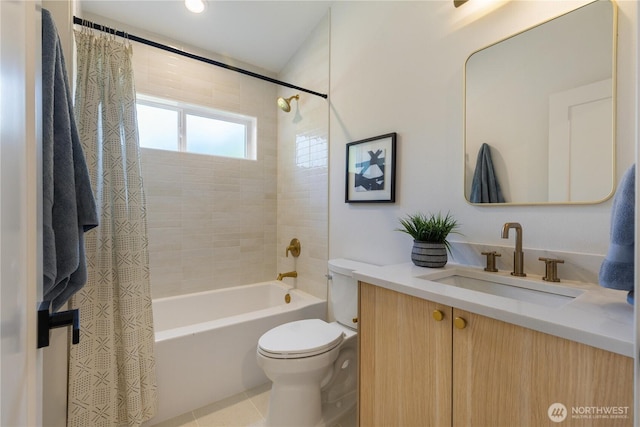 826 NE 95th St, Seattle, WA 98115 - bathroom featuring shower / bathtub combination with curtain, vanity, and tile patterned floors