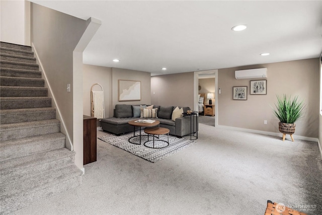 1600 11th Ave S, Seattle, WA 98134 - living area featuring stairway, carpet flooring, a wall mounted air conditioner, and recessed lighting