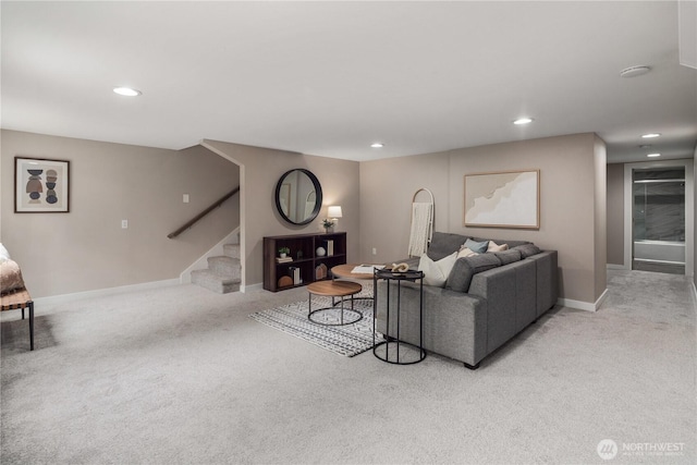 1600 11th Ave S, Seattle, WA 98134 - living area with carpet floors, stairs, and recessed lighting