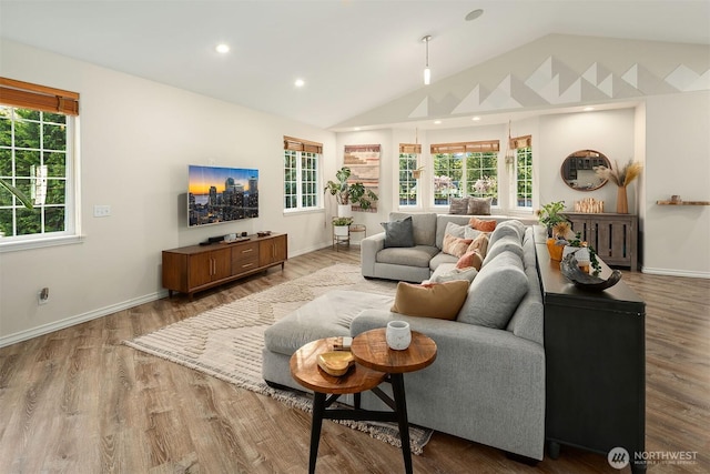 43936 SE 127th Pl, North Bend, WA 98045 - living area featuring vaulted ceiling, wood finished floors, and recessed lighting