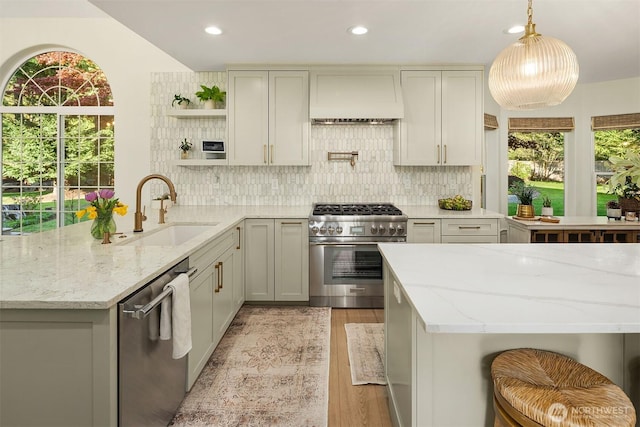 43936 SE 127th Pl, North Bend, WA 98045 - kitchen with stainless steel appliances, custom range hood, healthy amount of natural light, open shelves, and recessed lighting