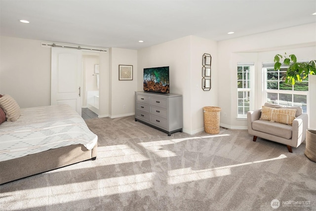 43936 SE 127th Pl, North Bend, WA 98045 - carpeted bedroom featuring recessed lighting, a barn door, and ensuite bathroom