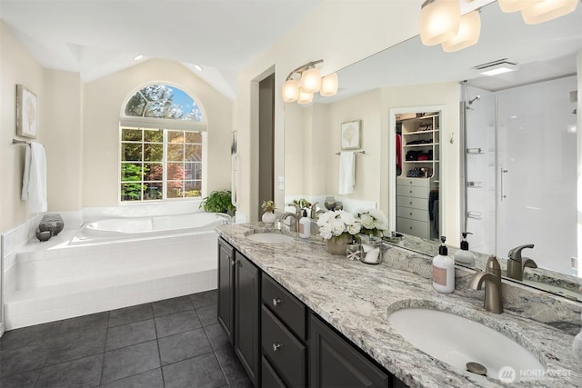 43936 SE 127th Pl, North Bend, WA 98045 - full bathroom with a garden tub, double vanity, tile patterned flooring, a stall shower, and a walk in closet