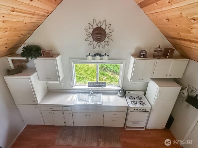 6 Lone Pine Trl, Riverside, WA 98849 - kitchen featuring white appliances, vaulted ceiling, wood ceiling, white cabinets, and light countertops