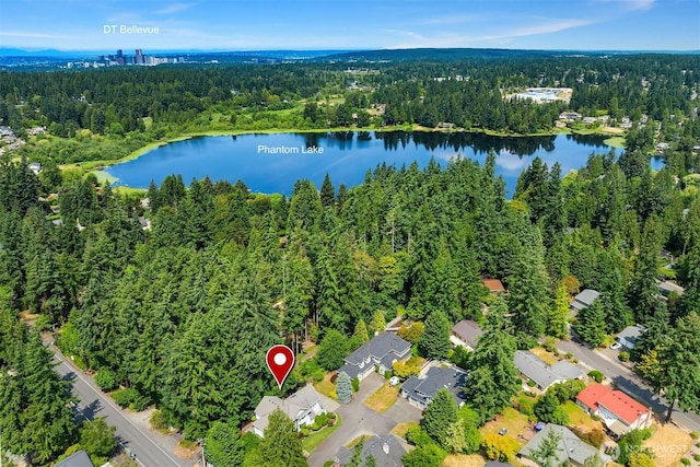 16432 SE 24th St, Bellevue, WA 98008 - aerial overview of property's location featuring a heavily wooded area and a large body of water