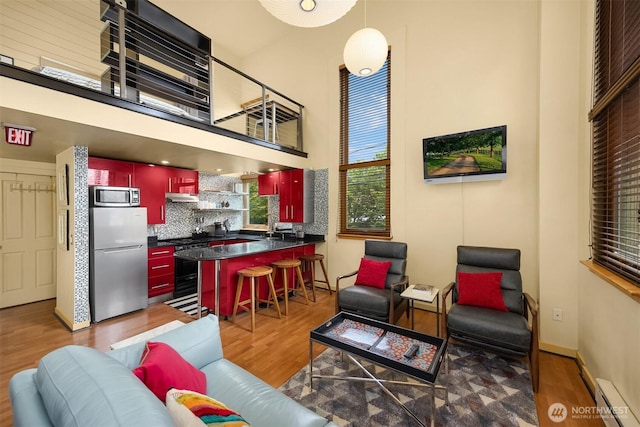 842 Washington St Unit 204, Port Townsend, WA 98368 - living area featuring baseboard heating, wood finished floors, and a towering ceiling