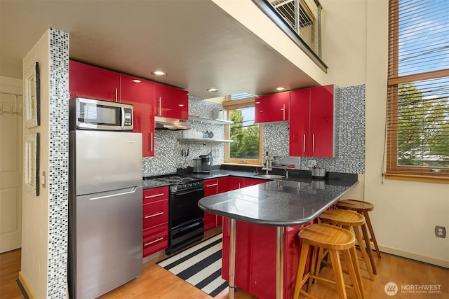 842 Washington St Unit 204, Port Townsend, WA 98368 - kitchen featuring red cabinets, stainless steel appliances, under cabinet range hood, light wood-style flooring, and recessed lighting