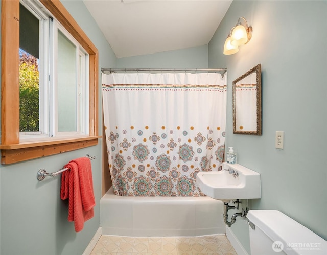 9922 SW 206th Ct, Vashon, WA 98070 - full bathroom with shower / tub combo with curtain, vaulted ceiling, and tile patterned floors
