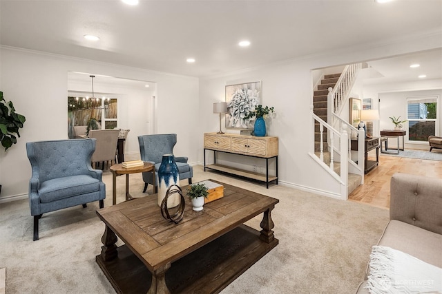 12810 SE 22nd Pl, Bellevue, WA 98005 - living room with stairs, recessed lighting, carpet, ornamental molding, and a chandelier