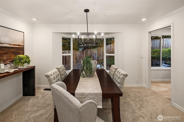 12810 SE 22nd Pl, Bellevue, WA 98005 - dining space featuring a chandelier, carpet flooring, ornamental molding, and recessed lighting