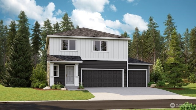 19529 141st Avenue Ct E, Graham, WA 98338 - view of front facade featuring board and batten siding, a front lawn, concrete driveway, and a garage