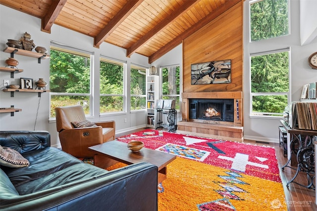 6511 Canyon Ct SW, Olympia, WA 98512 - living area with wood finished floors, healthy amount of natural light, a wooden ceiling with exposed beams, a large fireplace, and high vaulted ceiling