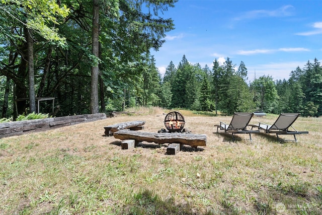 6511 Canyon Ct SW, Olympia, WA 98512 - view of yard featuring an outdoor fire pit and a wooded view