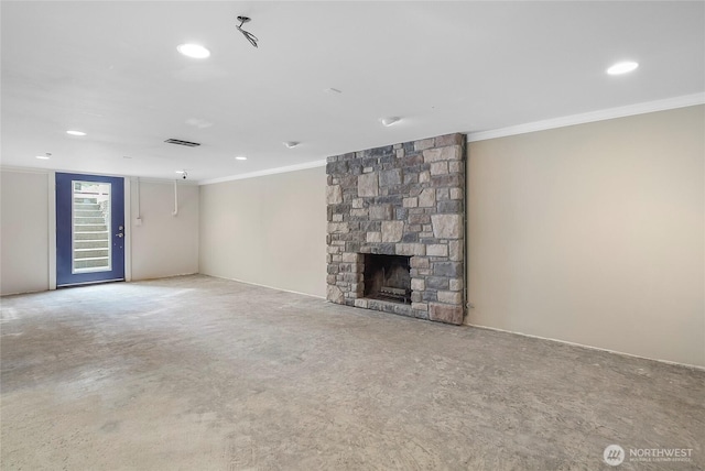 832 Birch St, Edmonds, WA 98020 - unfurnished living room with crown molding, a fireplace, and recessed lighting