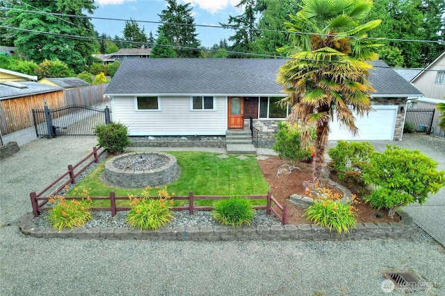 832 Birch St, Edmonds, WA 98020 - ranch-style home with a gate, roof with shingles, an attached garage, and stone siding