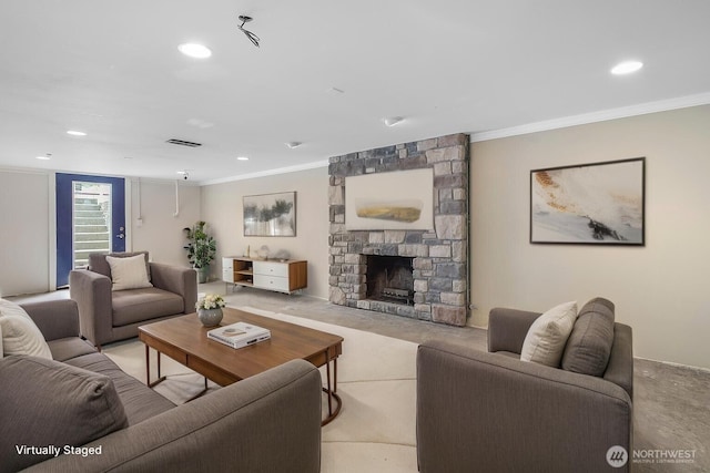 832 Birch St, Edmonds, WA 98020 - living area featuring crown molding, a fireplace, and recessed lighting