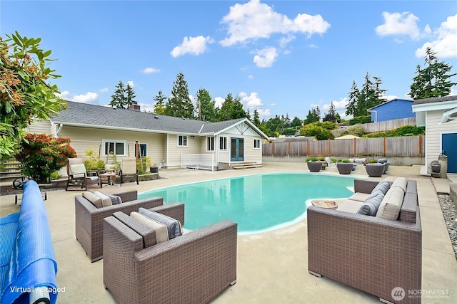 832 Birch St, Edmonds, WA 98020 - view of swimming pool featuring an outdoor living space, entry steps, a patio area, and a fenced backyard