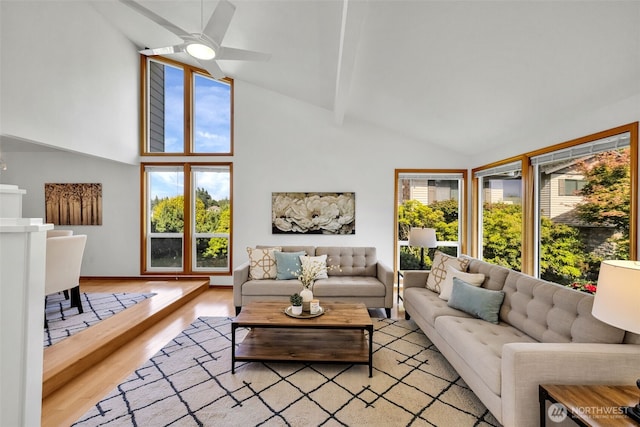 14007 65th Pl W, Edmonds, WA 98026 - living area featuring high vaulted ceiling, light wood-style floors, beam ceiling, and ceiling fan