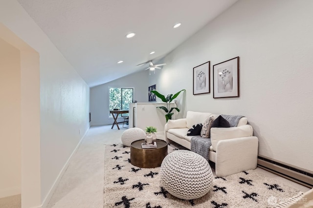 12200 100th Ave NE Unit N-D, Kirkland, WA 98034 - living area with lofted ceiling, baseboard heating, light carpet, recessed lighting, and ceiling fan