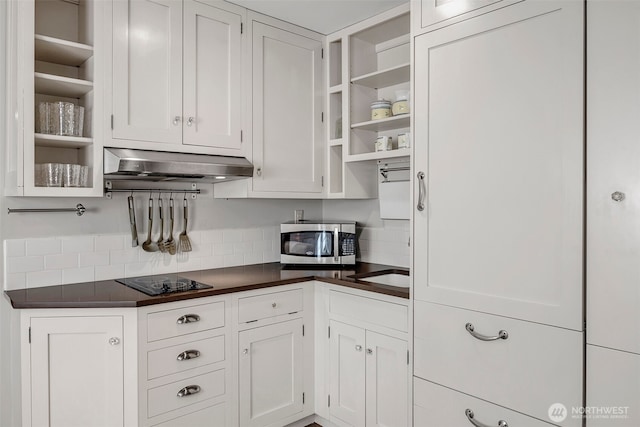 2611 9th Ave W, Seattle, WA 98119 - kitchen featuring stainless steel microwave, range hood, open shelves, and dark countertops
