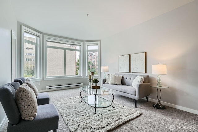 2414 1st Ave Unit 519, Seattle, WA 98121 - carpeted living area featuring a baseboard radiator and baseboards