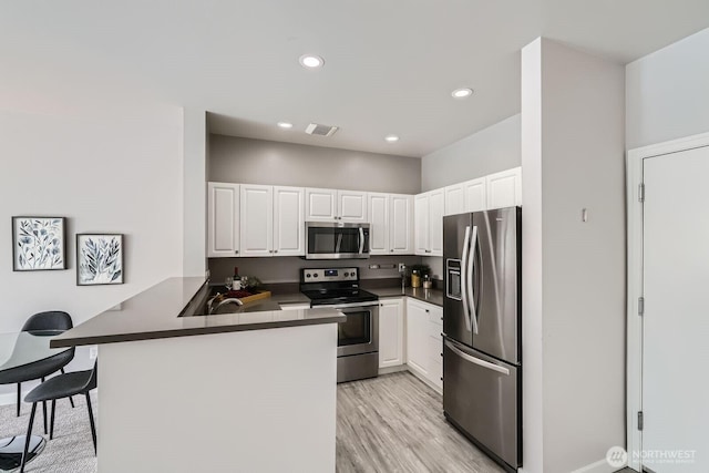 2414 1st Ave Unit 519, Seattle, WA 98121 - kitchen with appliances with stainless steel finishes, a peninsula, dark countertops, white cabinets, and recessed lighting