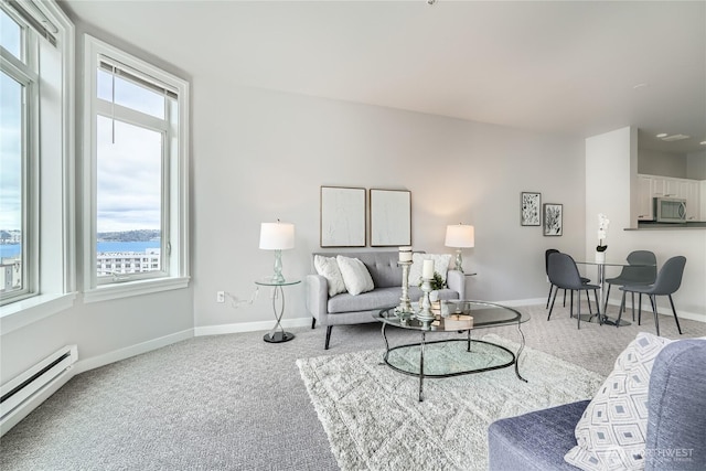 2414 1st Ave Unit 519, Seattle, WA 98121 - living room featuring a baseboard heating unit, healthy amount of natural light, and carpet floors