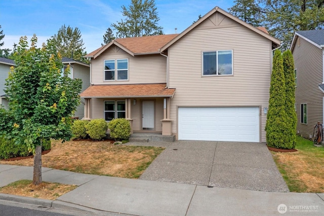 33036 42nd Ave S, Federal Way, WA 98001 - traditional home with an attached garage, driveway, roof with shingles, a front yard, and a porch