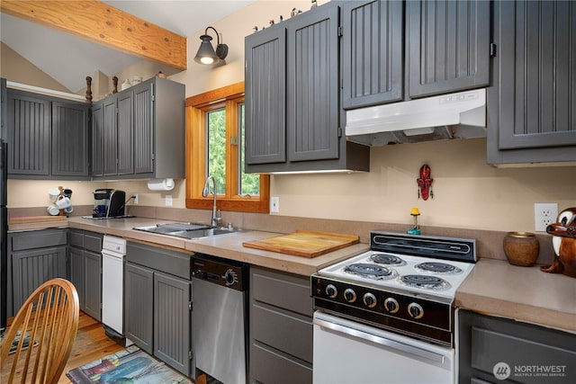 36 Seven Sisters Rd, Port Ludlow, WA 98365 - kitchen featuring stainless steel dishwasher, under cabinet range hood, white electric range oven, light countertops, and gray cabinets