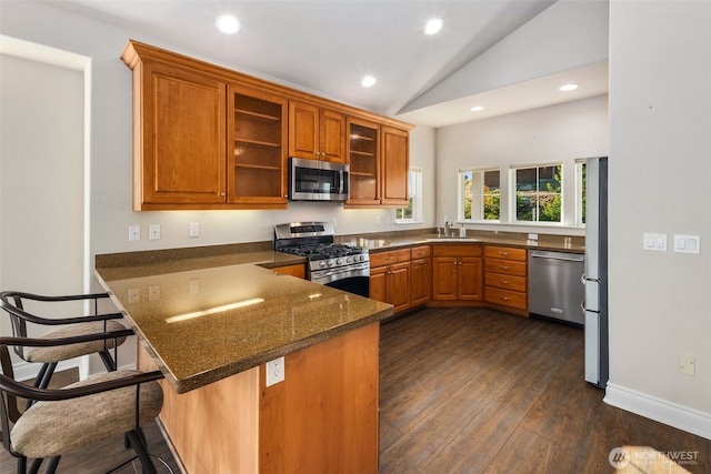 3224 Overlook Loop, Ilwaco, WA 98624 - kitchen featuring stainless steel appliances, a peninsula, dark wood-type flooring, lofted ceiling, and glass insert cabinets