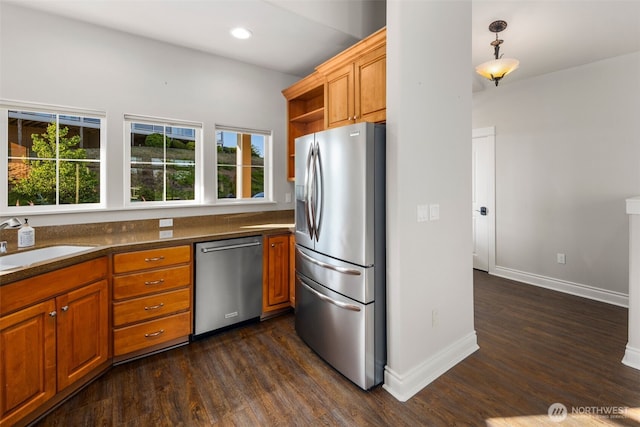 3224 Overlook Loop, Ilwaco, WA 98624 - kitchen featuring stainless steel appliances, dark wood finished floors, brown cabinetry, open shelves, and recessed lighting
