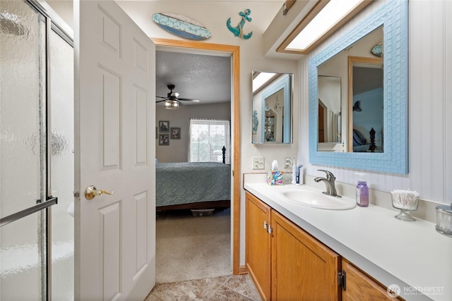 836 Harman Way S Unit 82, Orting, WA 98360 - full bathroom with ensuite bath, vanity, ceiling fan, and a shower with door