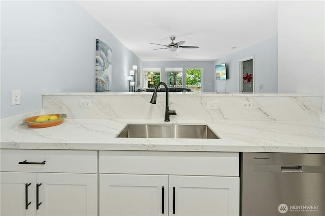 17426 Bothell Way NE Unit A105, Bothell, WA 98011 - kitchen featuring dishwasher, white cabinets, light stone countertops, and ceiling fan