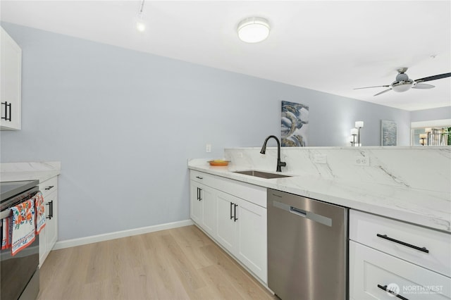 17426 Bothell Way NE Unit A105, Bothell, WA 98011 - kitchen with dishwasher, range with electric cooktop, light wood finished floors, light stone countertops, and a ceiling fan