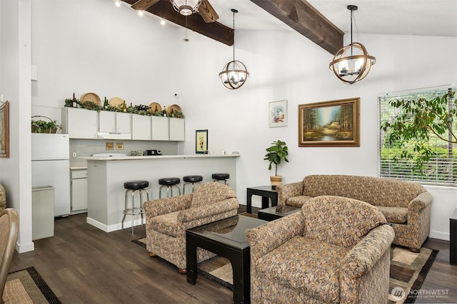 17431 Ambaum Blvd S Unit C24, Burien, WA 98148 - living area featuring a chandelier, beamed ceiling, dark wood-style floors, and high vaulted ceiling