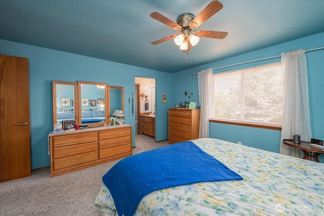 1890 Edgewood Dr, Camano Island, WA 98282 - bedroom featuring light carpet, ensuite bathroom, and a ceiling fan