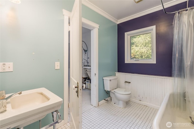 20713 NE 44th St, Sammamish, WA 98074 - bathroom with a tub to relax in, crown molding, curtained shower, and tile patterned flooring