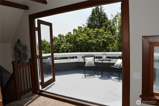 1809 NE 63rd St, Seattle, WA 98115 - doorway to outside with carpet, ceiling fan, and lofted ceiling