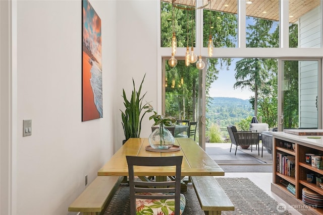 30005 NE 12th Ct, Ridgefield, WA 98642 - dining space featuring a towering ceiling, wood finished floors, floor to ceiling windows, and a mountain view