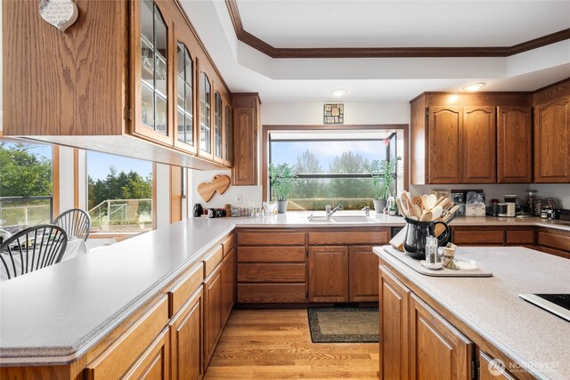 1408 W St NW, Auburn, WA 98001 - kitchen with ornamental molding, light countertops, brown cabinetry, healthy amount of natural light, and recessed lighting
