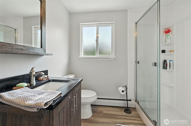 7818 185th Pl SW, Edmonds, WA 98026 - bathroom featuring baseboard heating, a shower stall, vanity, and wood finished floors