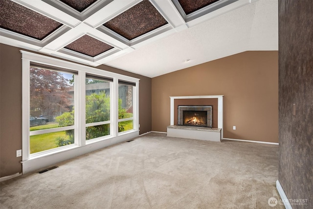 10704 NE 200th Pl, Bothell, WA 98011 - unfurnished living room featuring a fireplace, carpet flooring, and coffered ceiling